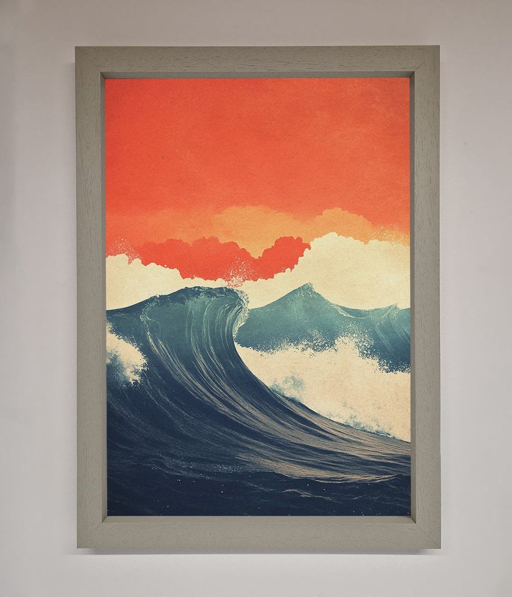 Blue Waves Crash Red Sunset Framed Poster - Zestio