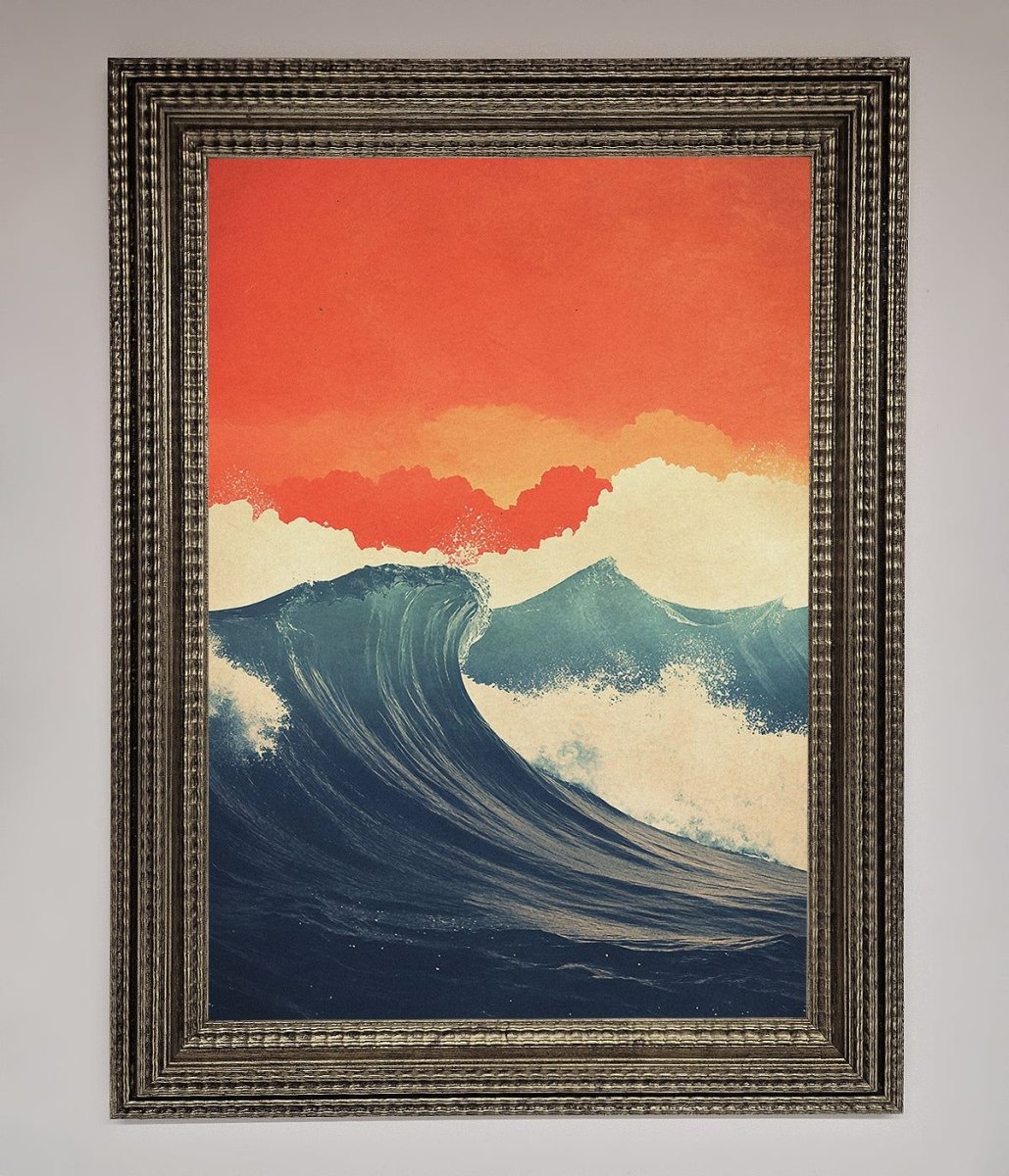 Blue Waves Crash Red Sunset Framed Poster - Zestio