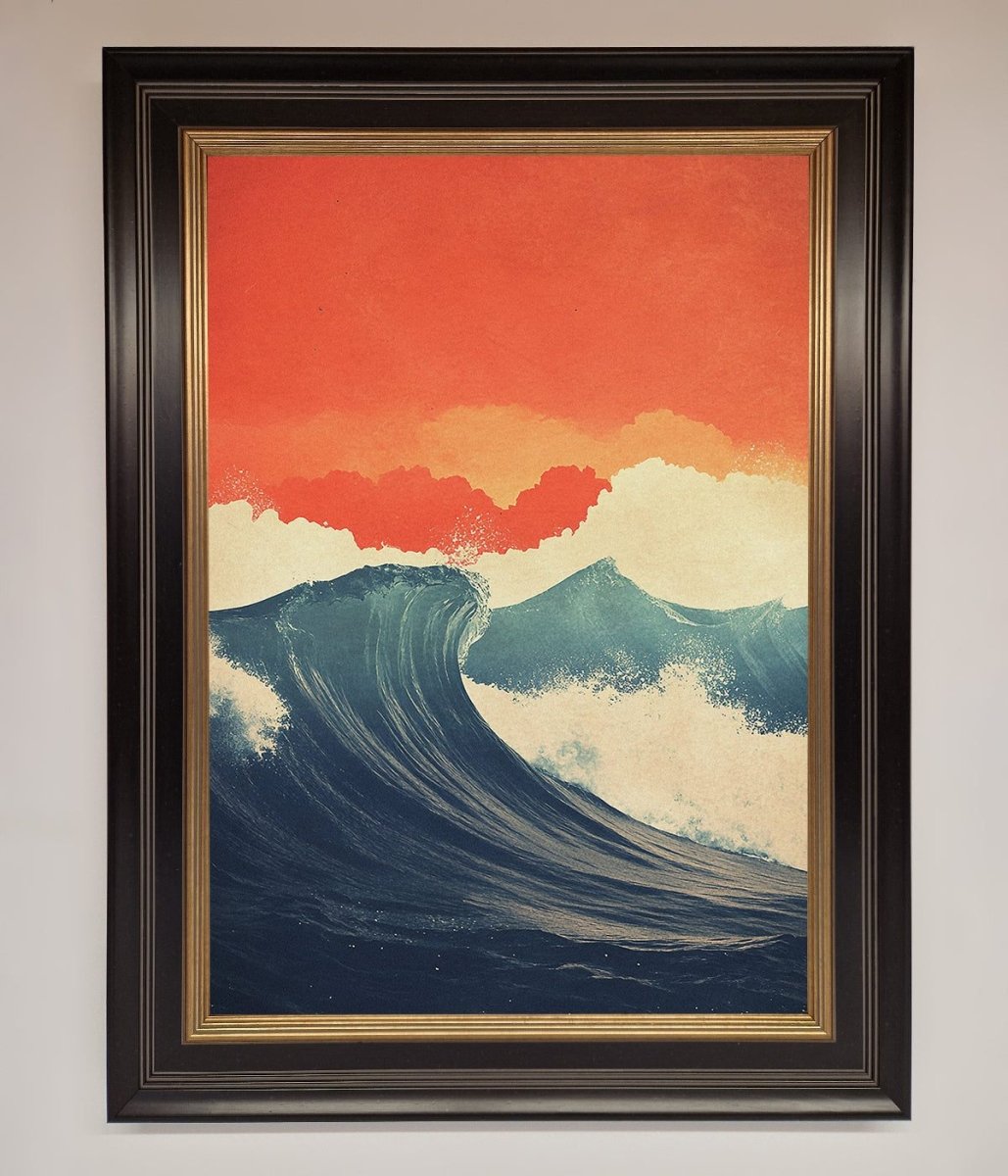 Blue Waves Crash Red Sunset Framed Poster - Zestio