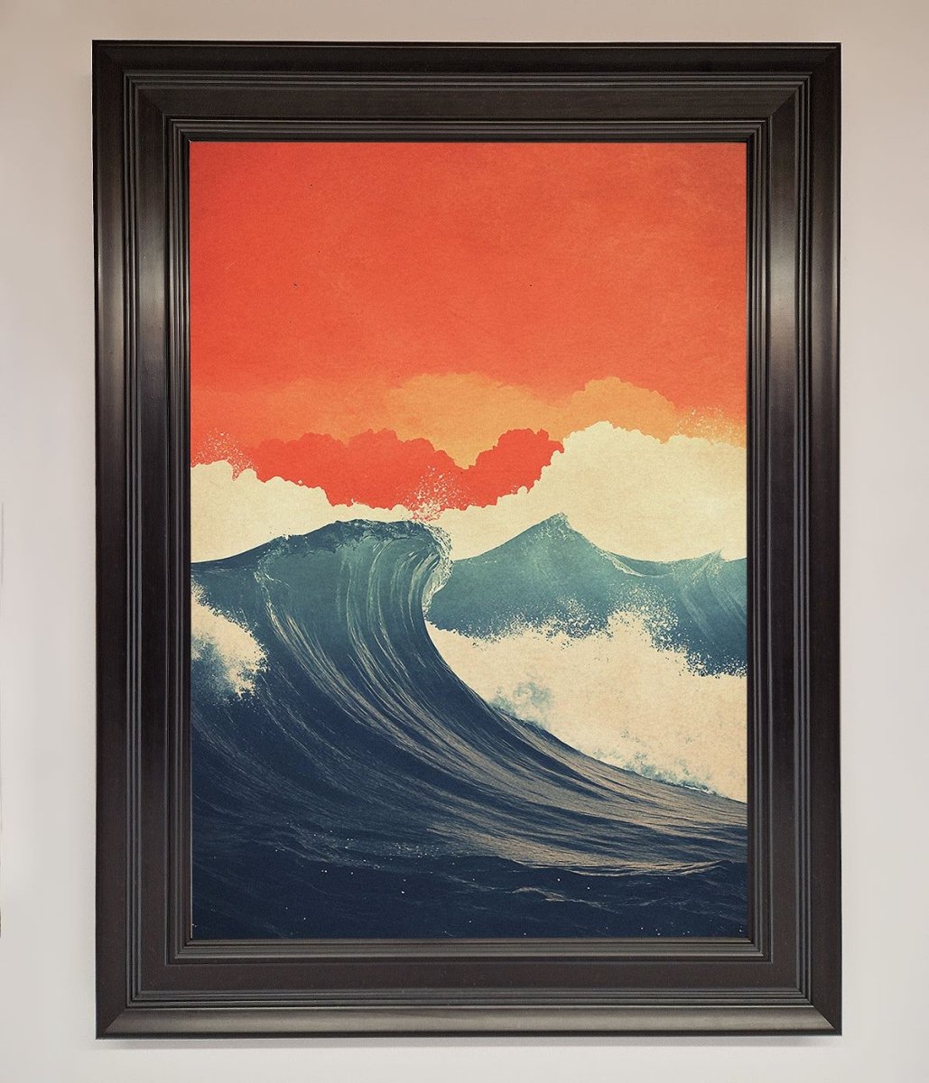 Blue Waves Crash Red Sunset Framed Poster - Zestio