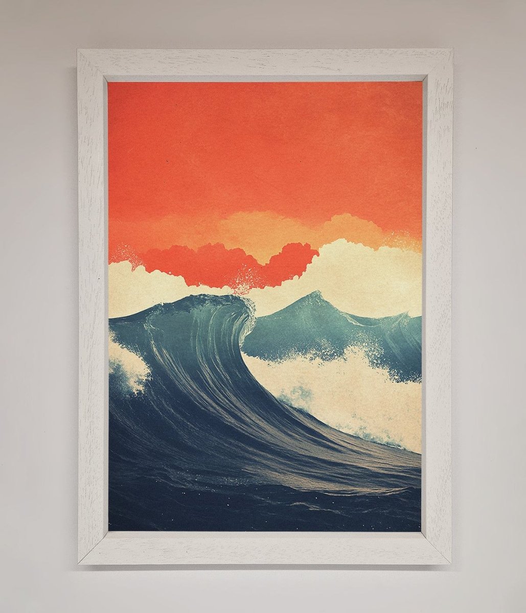 Blue Waves Crash Red Sunset Framed Poster - Zestio