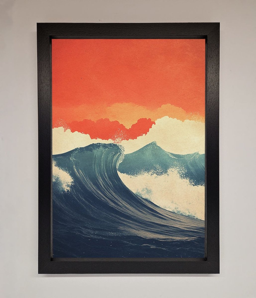Blue Waves Crash Red Sunset Framed Poster - Zestio