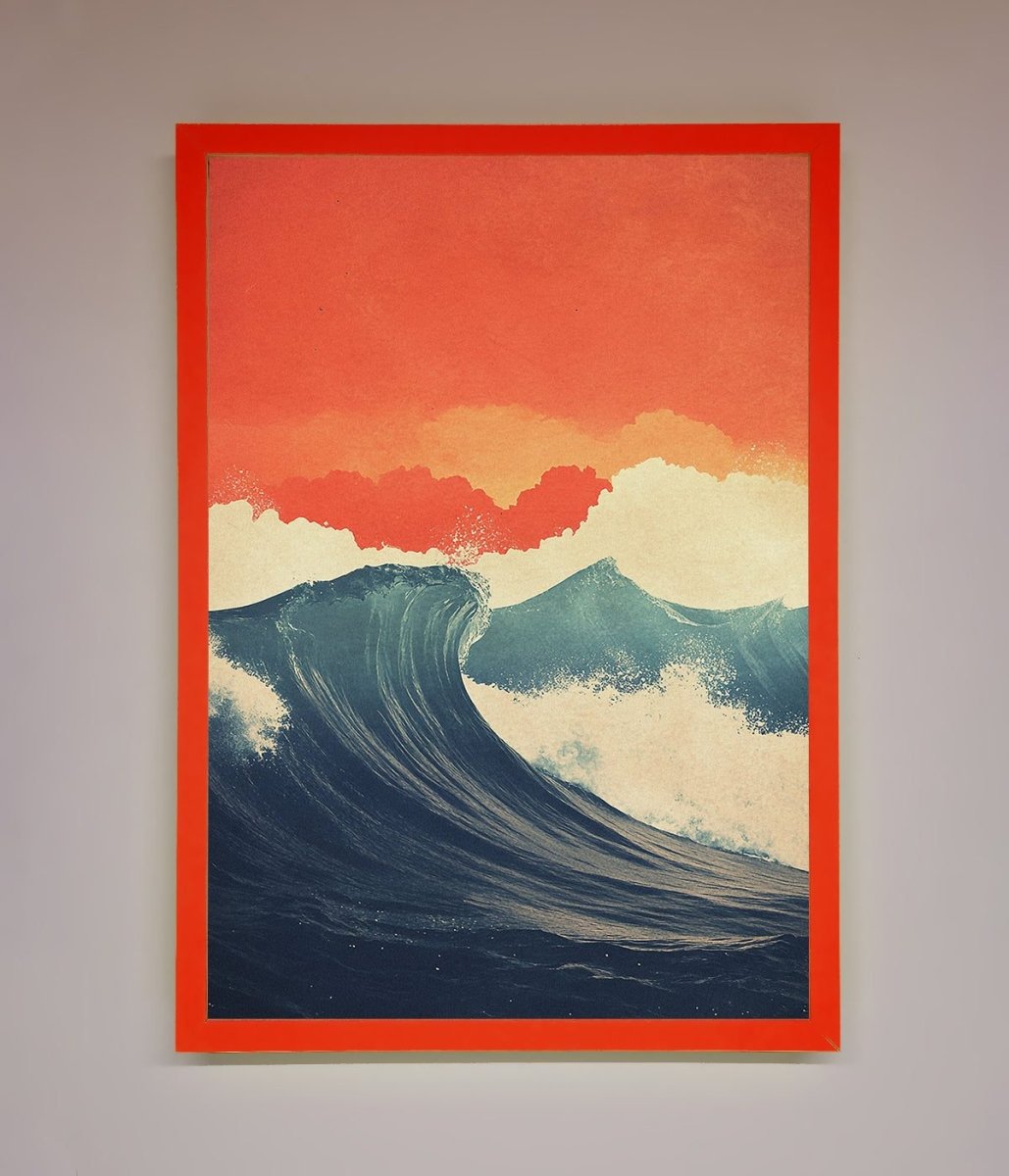 Blue Waves Crash Red Sunset Framed Poster - Zestio