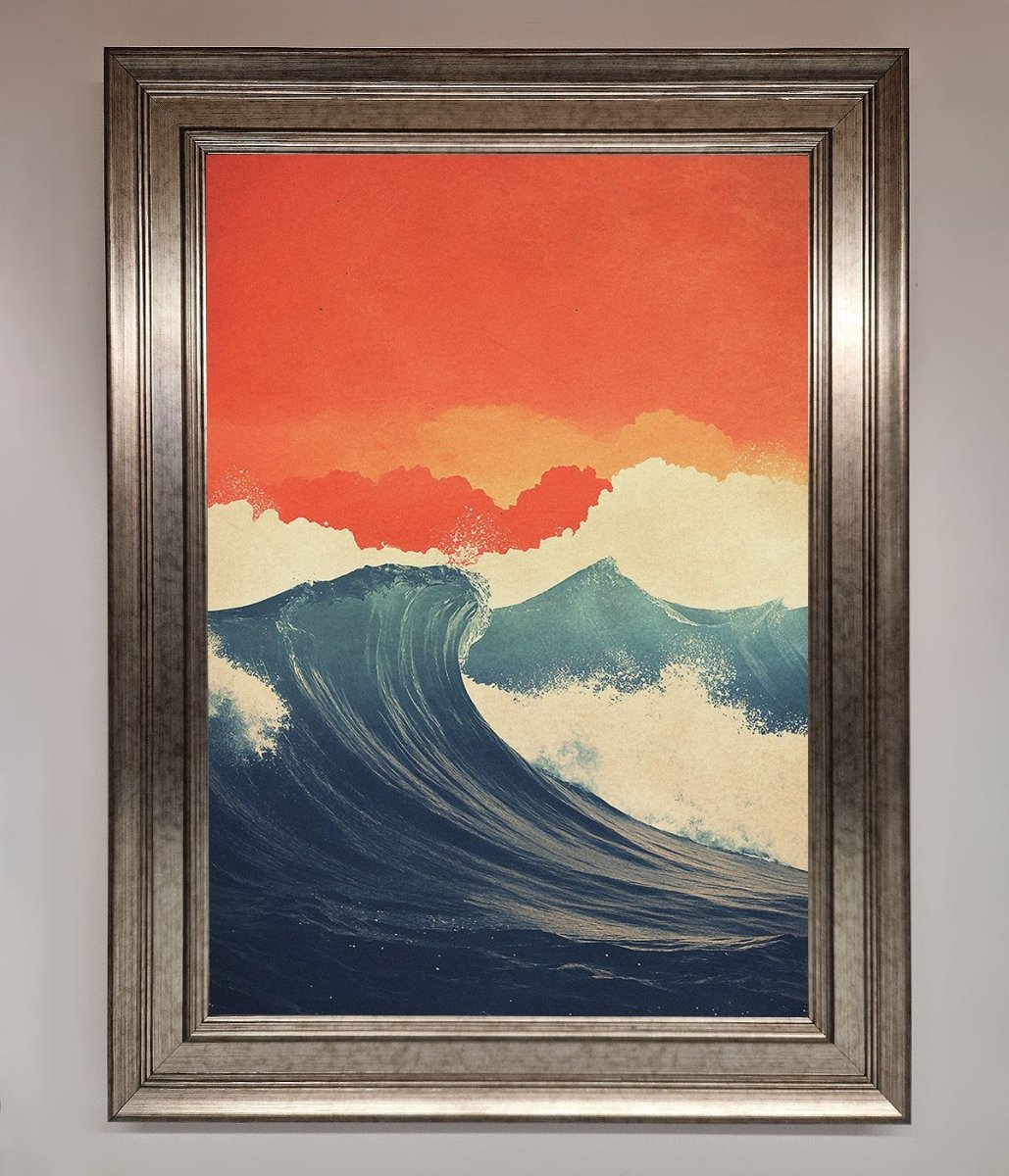 Blue Waves Crash Red Sunset Framed Poster - Zestio