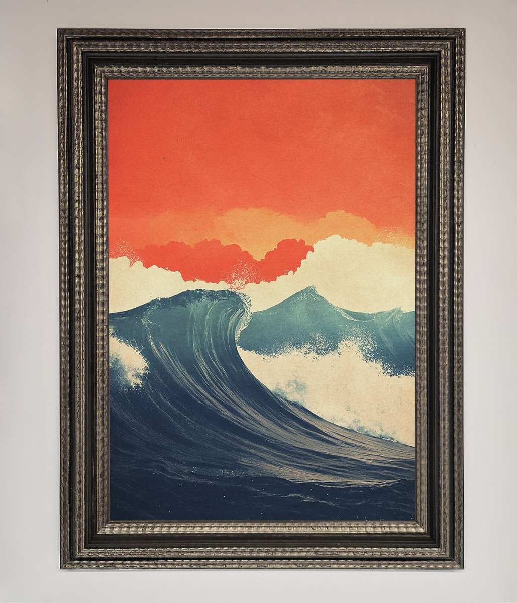 Blue Waves Crash Red Sunset Framed Poster - Zestio