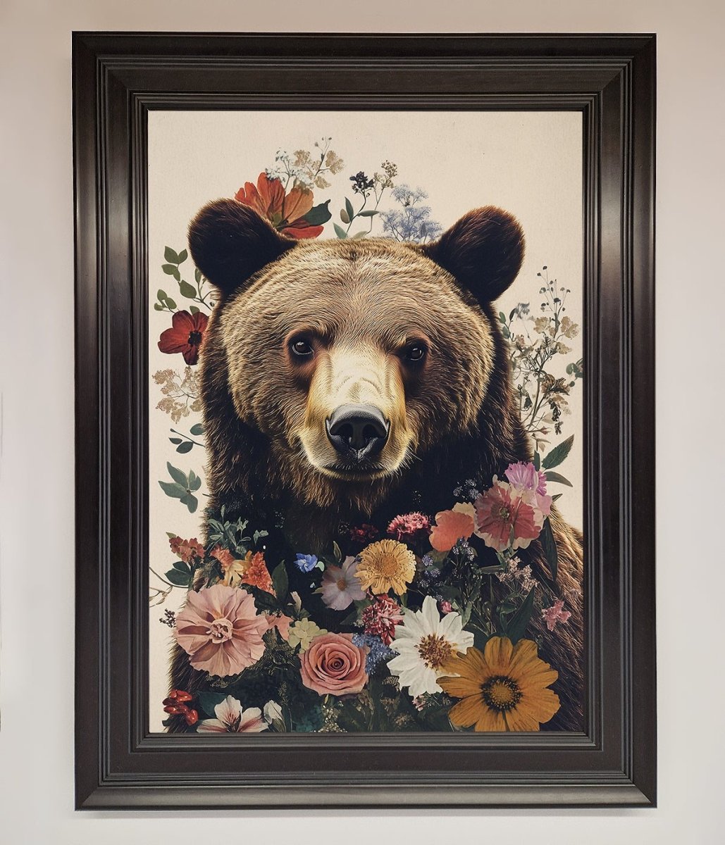 Brown Grizzly Bear Floral Framed Print - Zestio