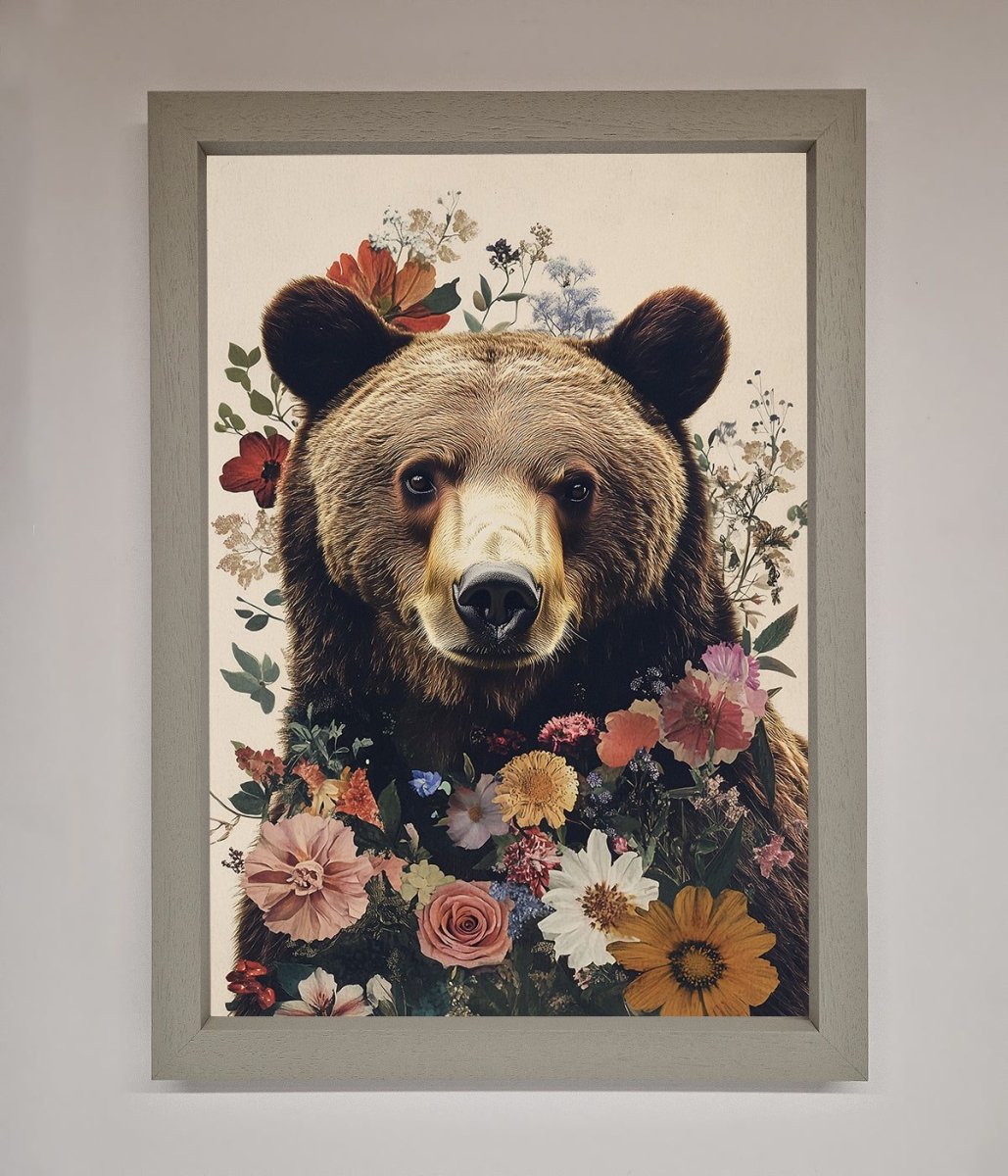 Brown Grizzly Bear Floral Framed Print - Zestio