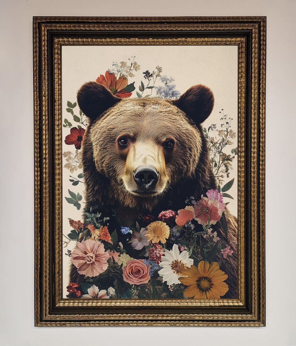 Brown Grizzly Bear Floral Framed Print - Zestio