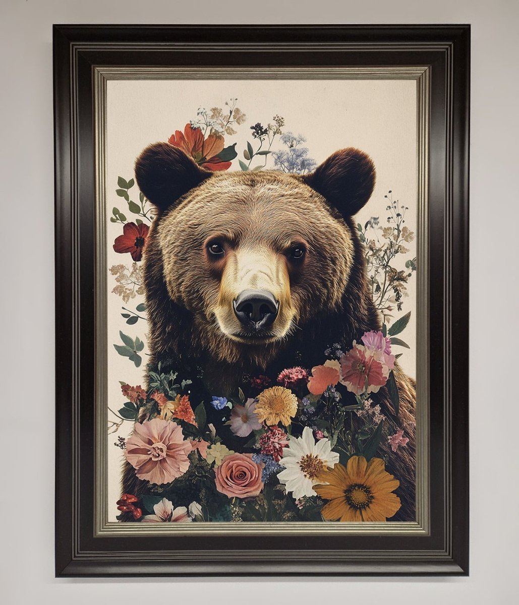 Brown Grizzly Bear Floral Framed Print - Zestio