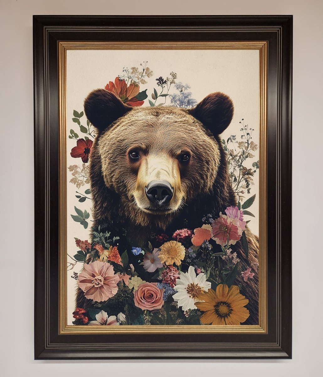 Brown Grizzly Bear Floral Framed Print - Zestio