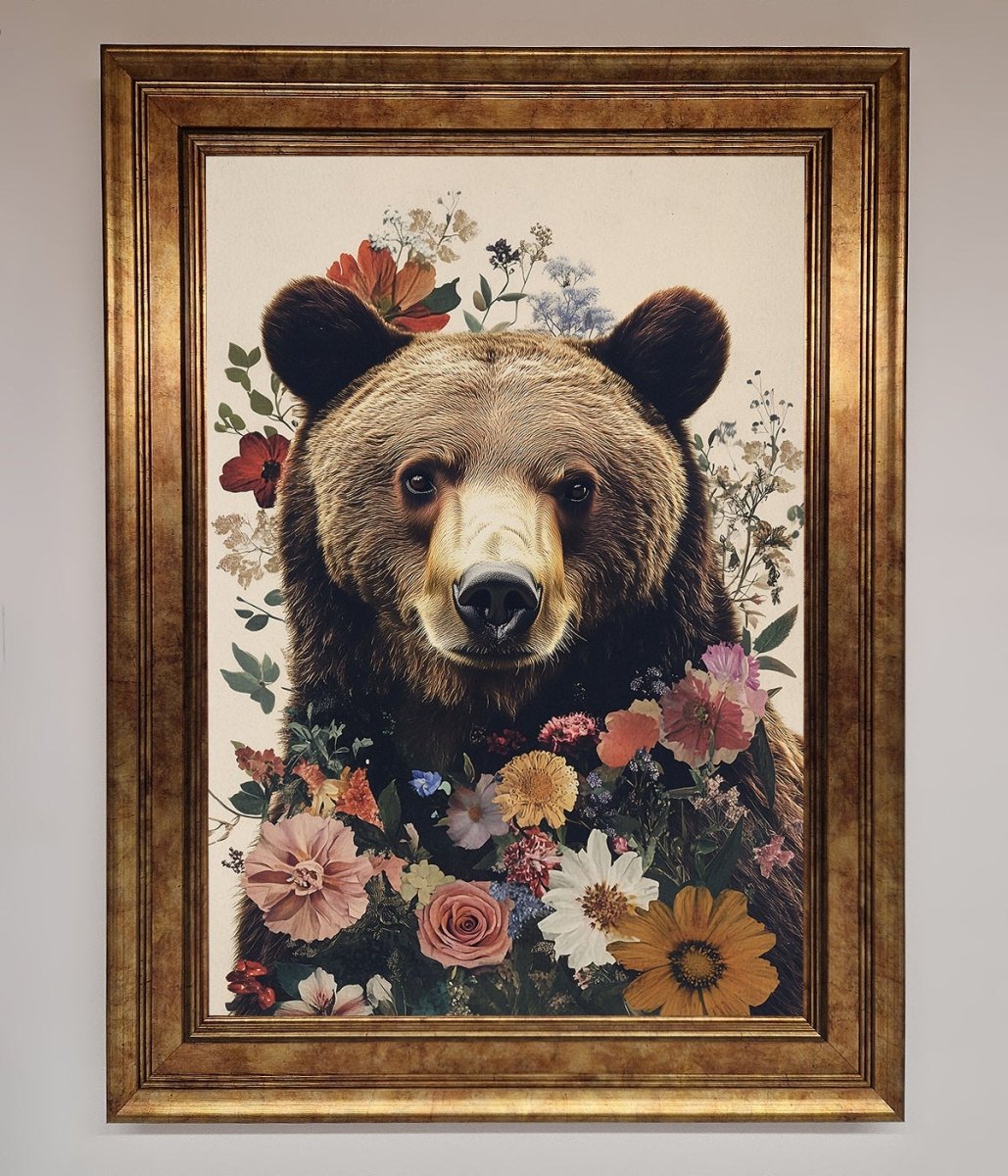 Brown Grizzly Bear Floral Framed Print - Zestio