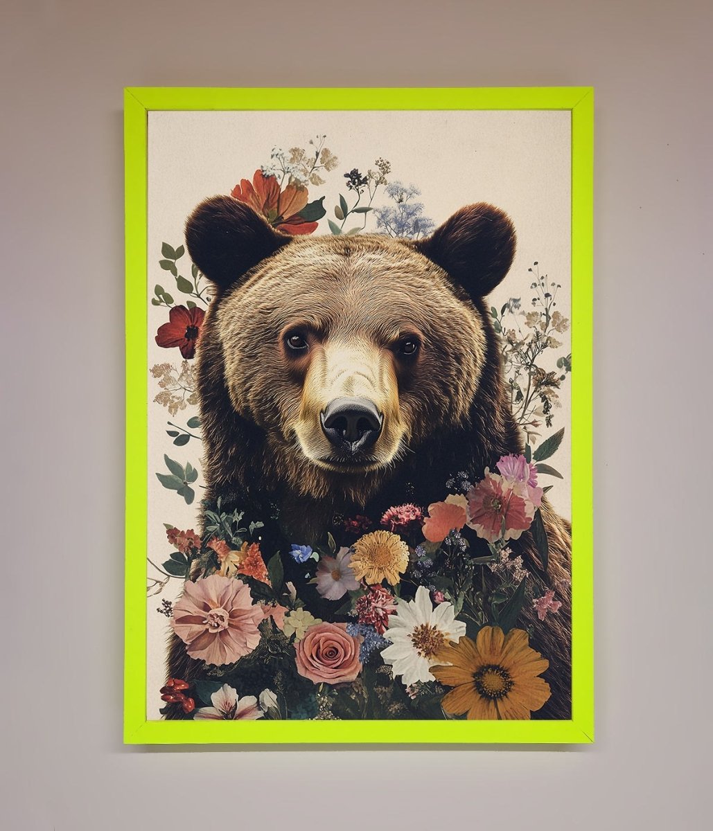 Brown Grizzly Bear Floral Framed Print - Zestio