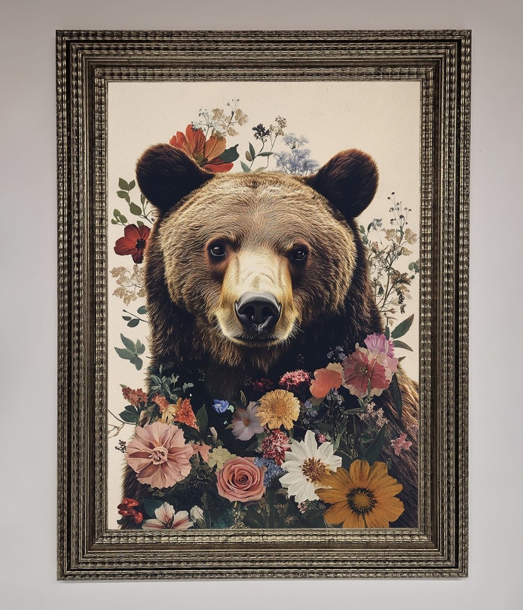 Brown Grizzly Bear Floral Framed Print - Zestio