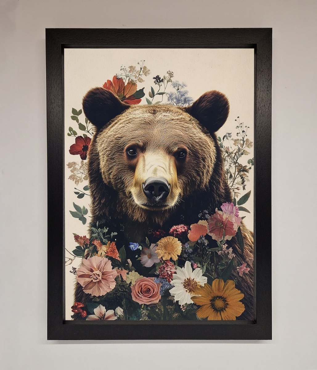 Brown Grizzly Bear Floral Framed Print - Zestio