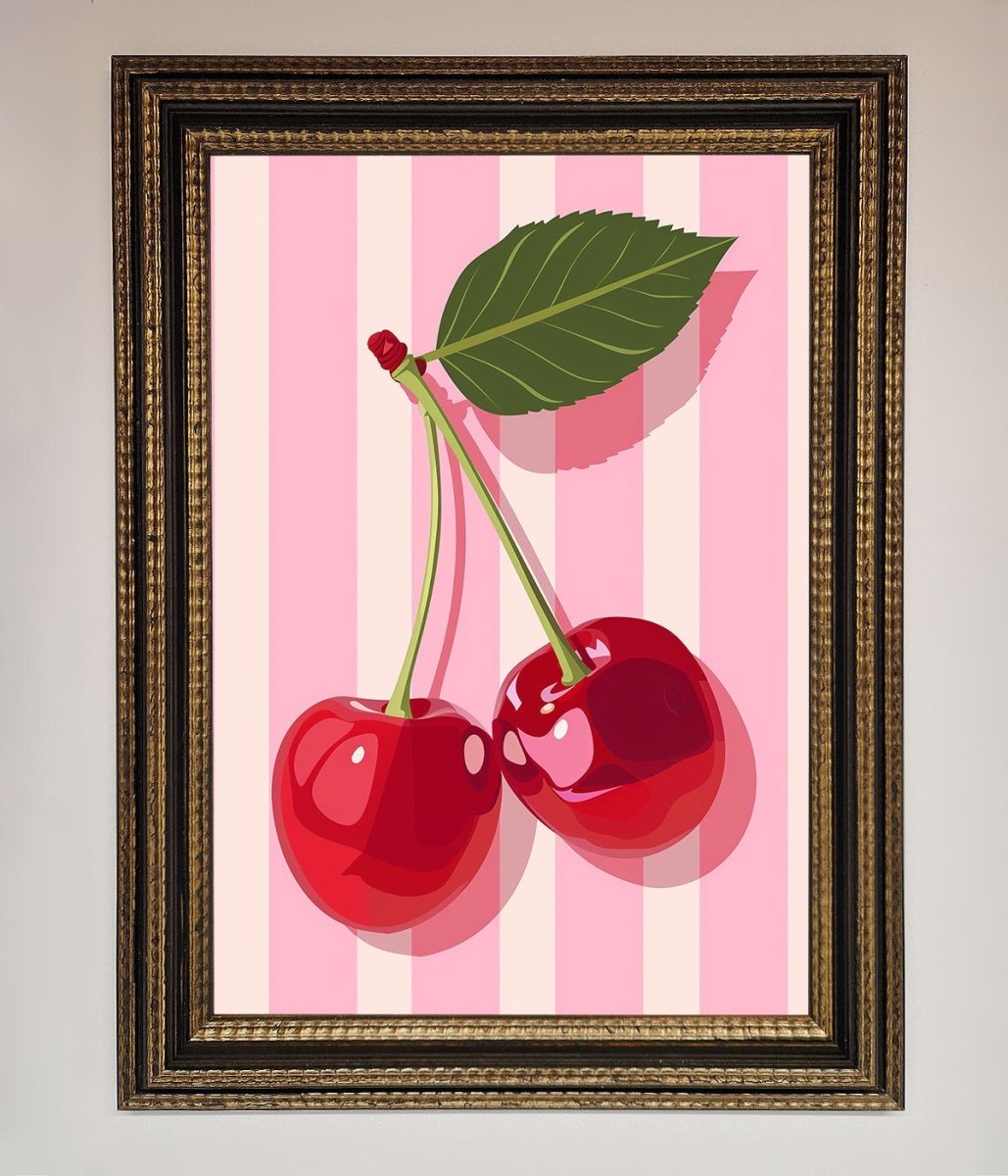 Cherries On Stripes Framed Print - Zestio