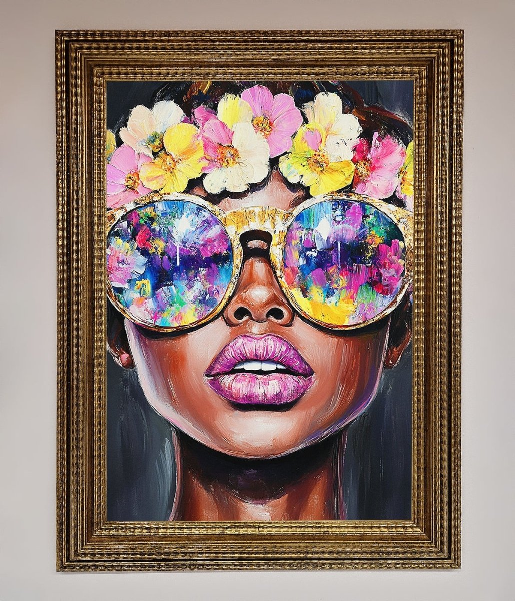 Floral Woman With Glasses and Pink Lips Framed Print - Zestio