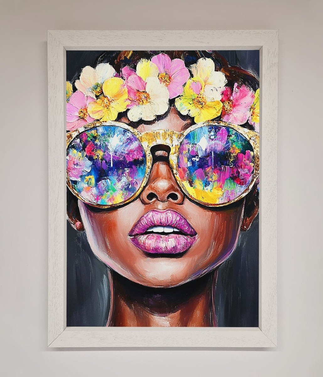 Floral Woman With Glasses and Pink Lips Framed Print - Zestio