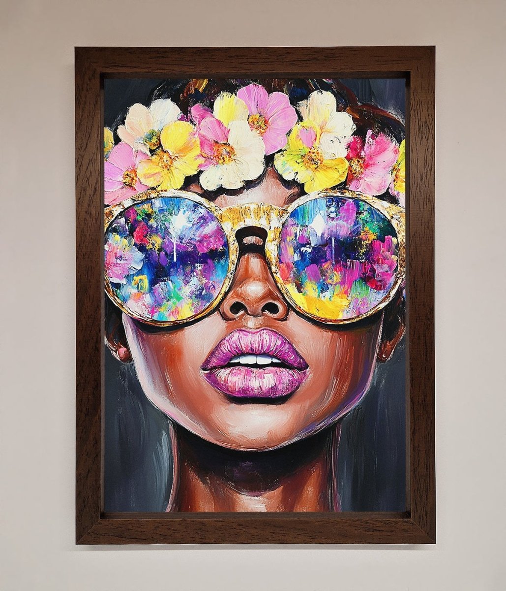 Floral Woman With Glasses and Pink Lips Framed Print - Zestio