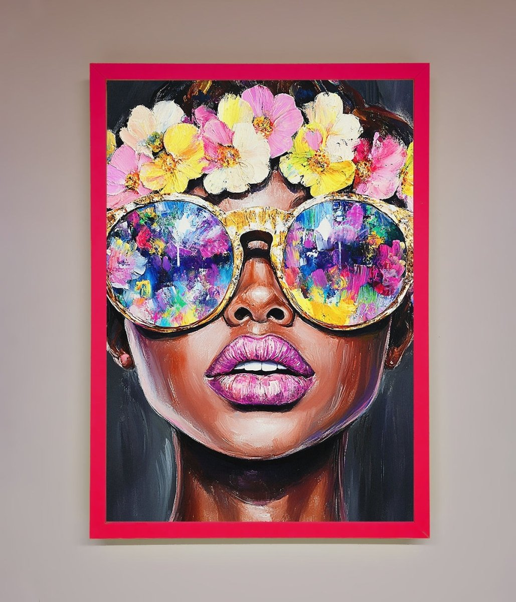 Floral Woman With Glasses and Pink Lips Framed Print - Zestio
