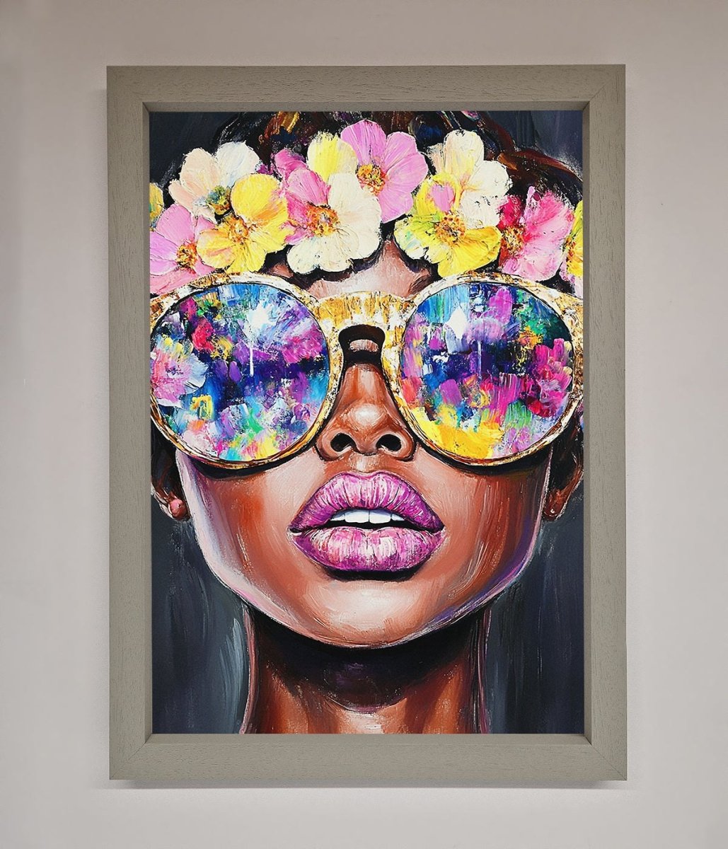 Floral Woman With Glasses and Pink Lips Framed Print - Zestio
