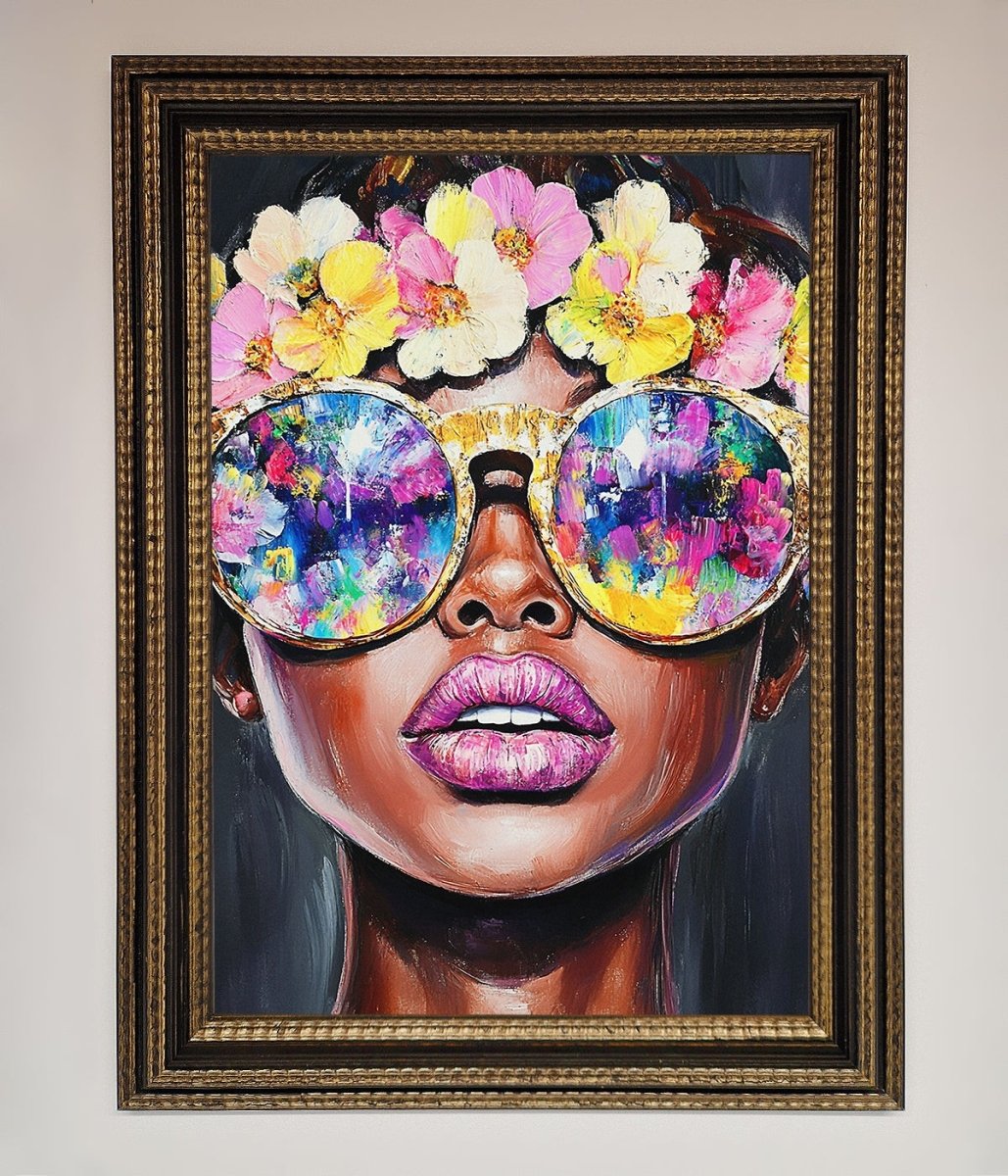 Floral Woman With Glasses and Pink Lips Framed Print - Zestio
