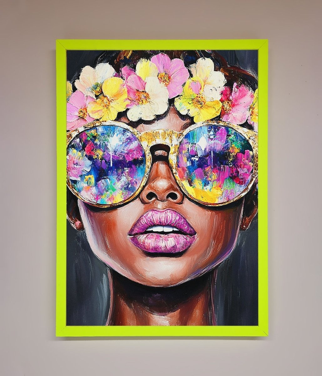 Floral Woman With Glasses and Pink Lips Framed Print - Zestio