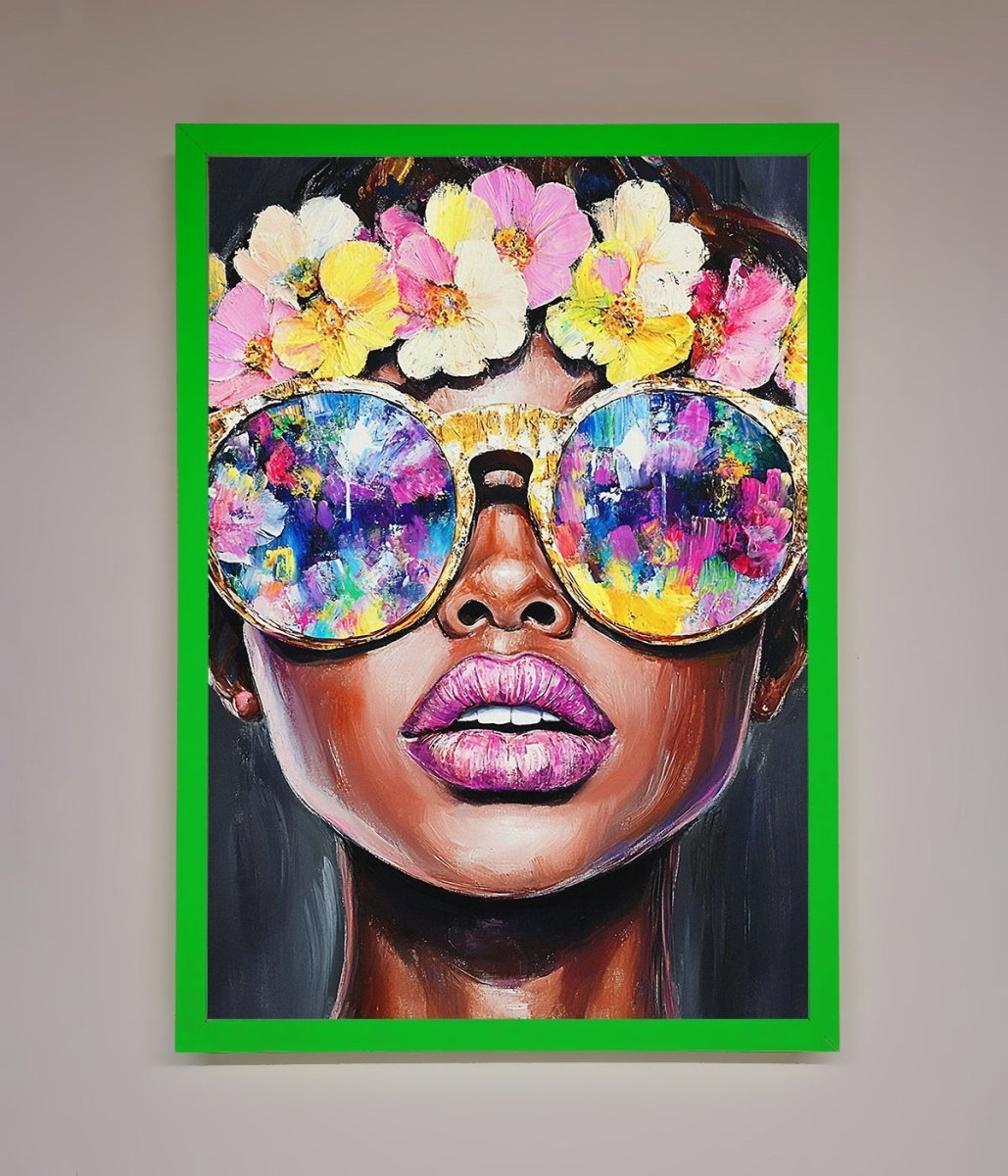 Floral Woman With Glasses and Pink Lips Framed Print - Zestio