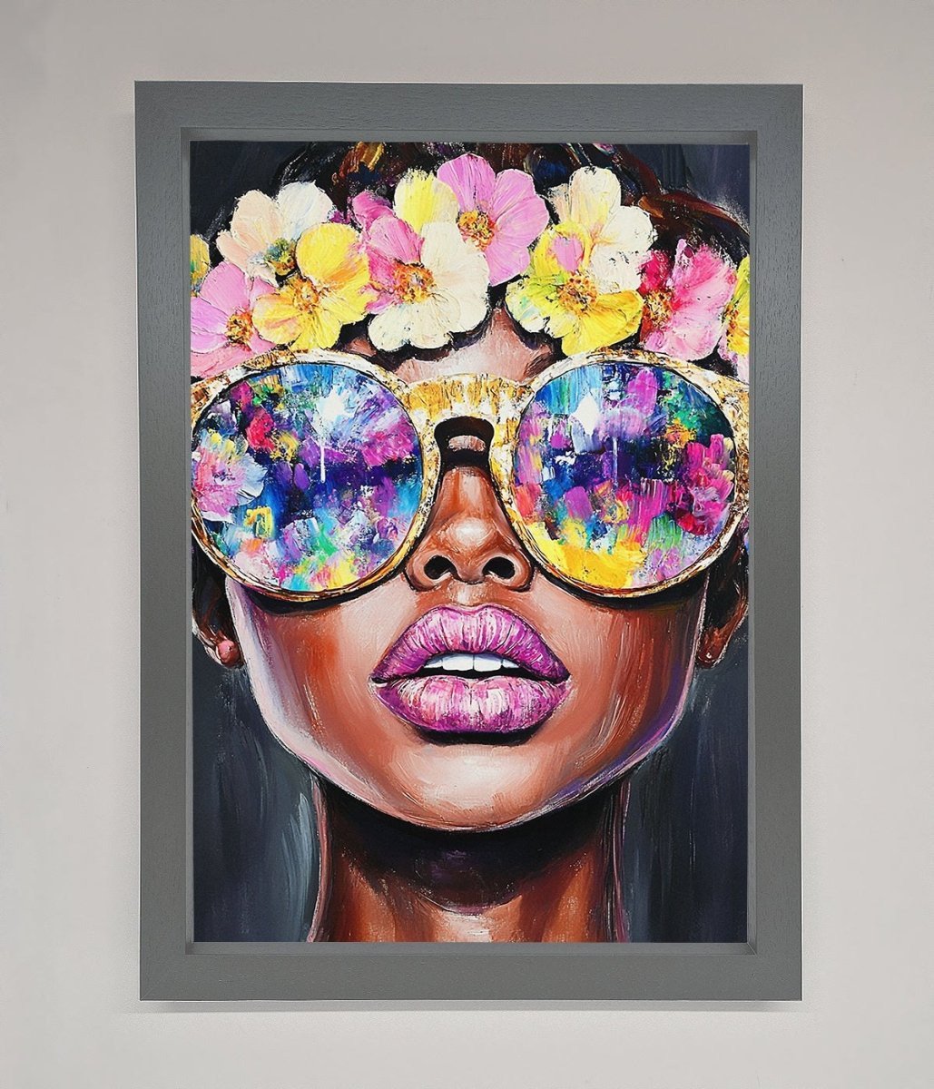 Floral Woman With Glasses and Pink Lips Framed Print - Zestio