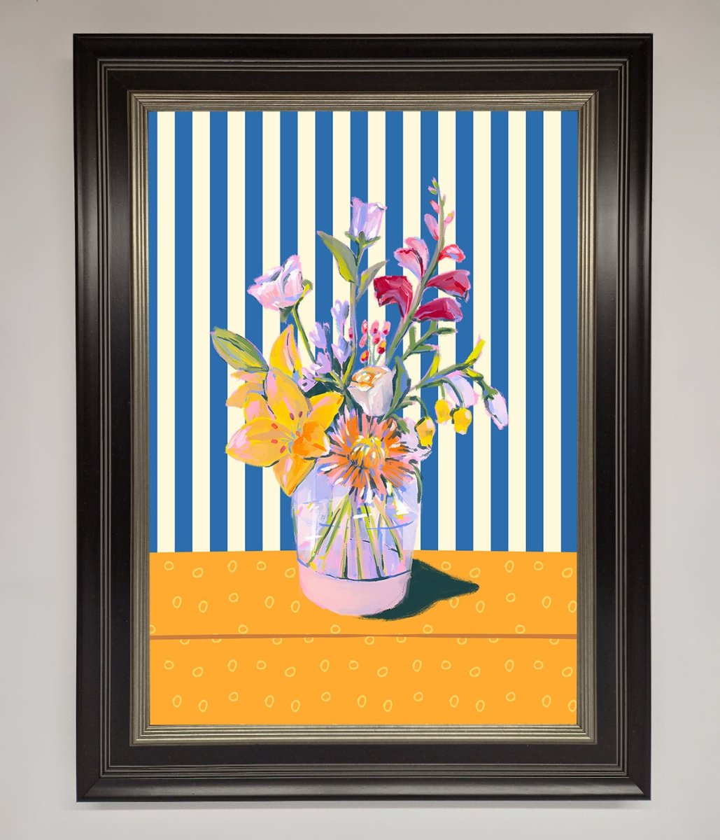 Flower Vase Blue Stripes Framed Wall Art - Zestio