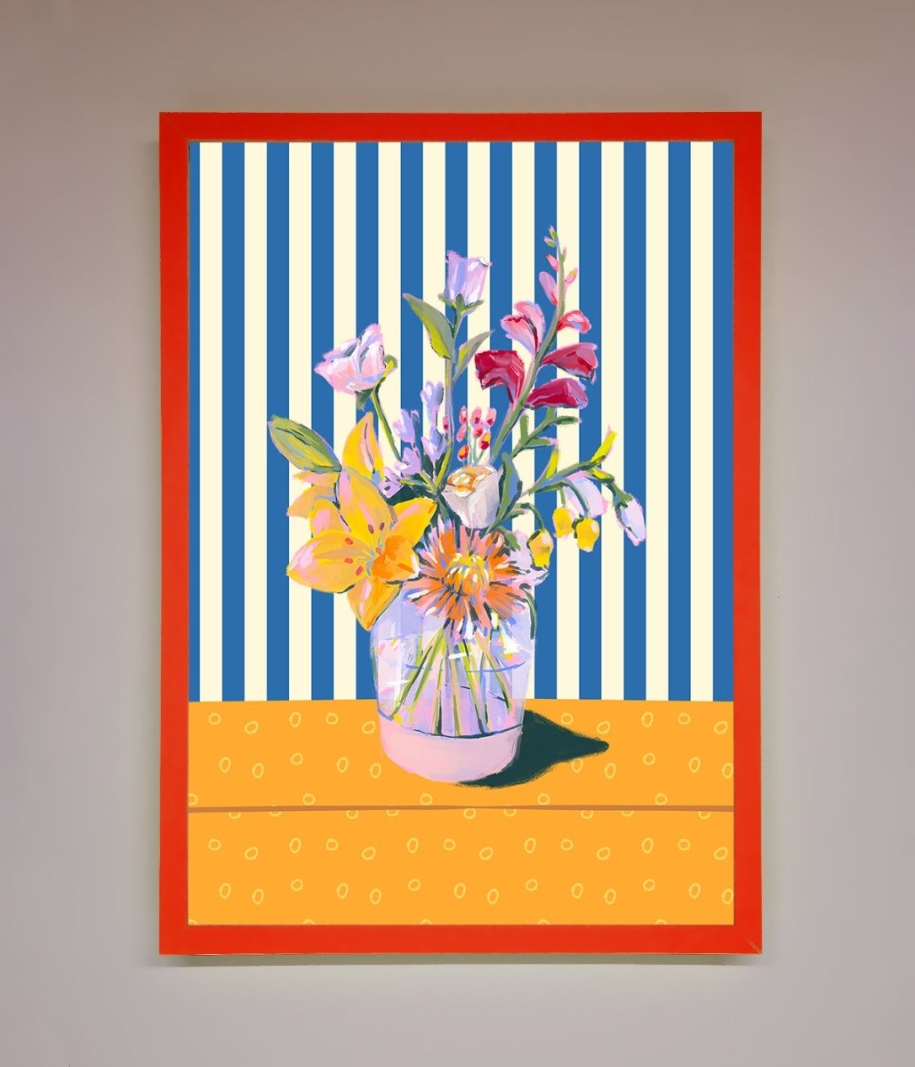 Flower Vase Blue Stripes Framed Wall Art - Zestio