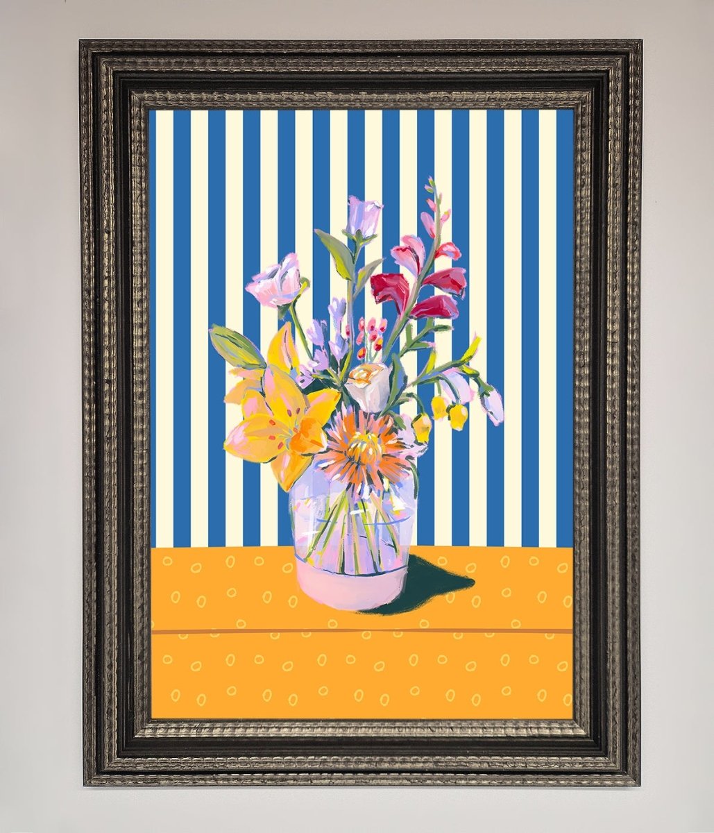 Flower Vase Blue Stripes Framed Wall Art - Zestio