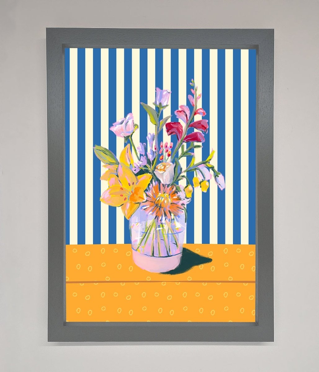 Flower Vase Blue Stripes Framed Wall Art - Zestio