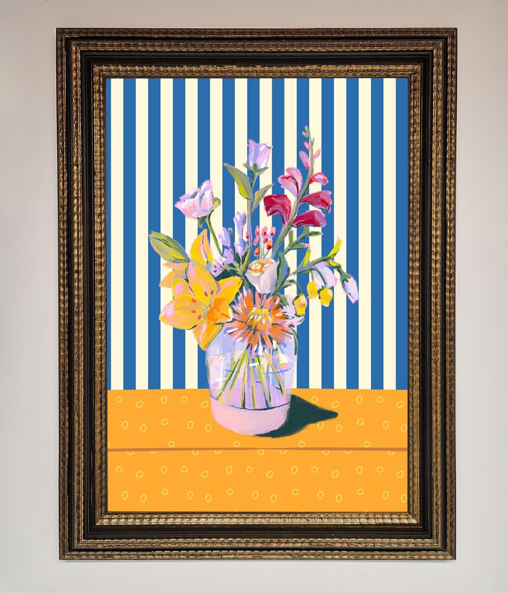 Flower Vase Blue Stripes Framed Wall Art - Zestio