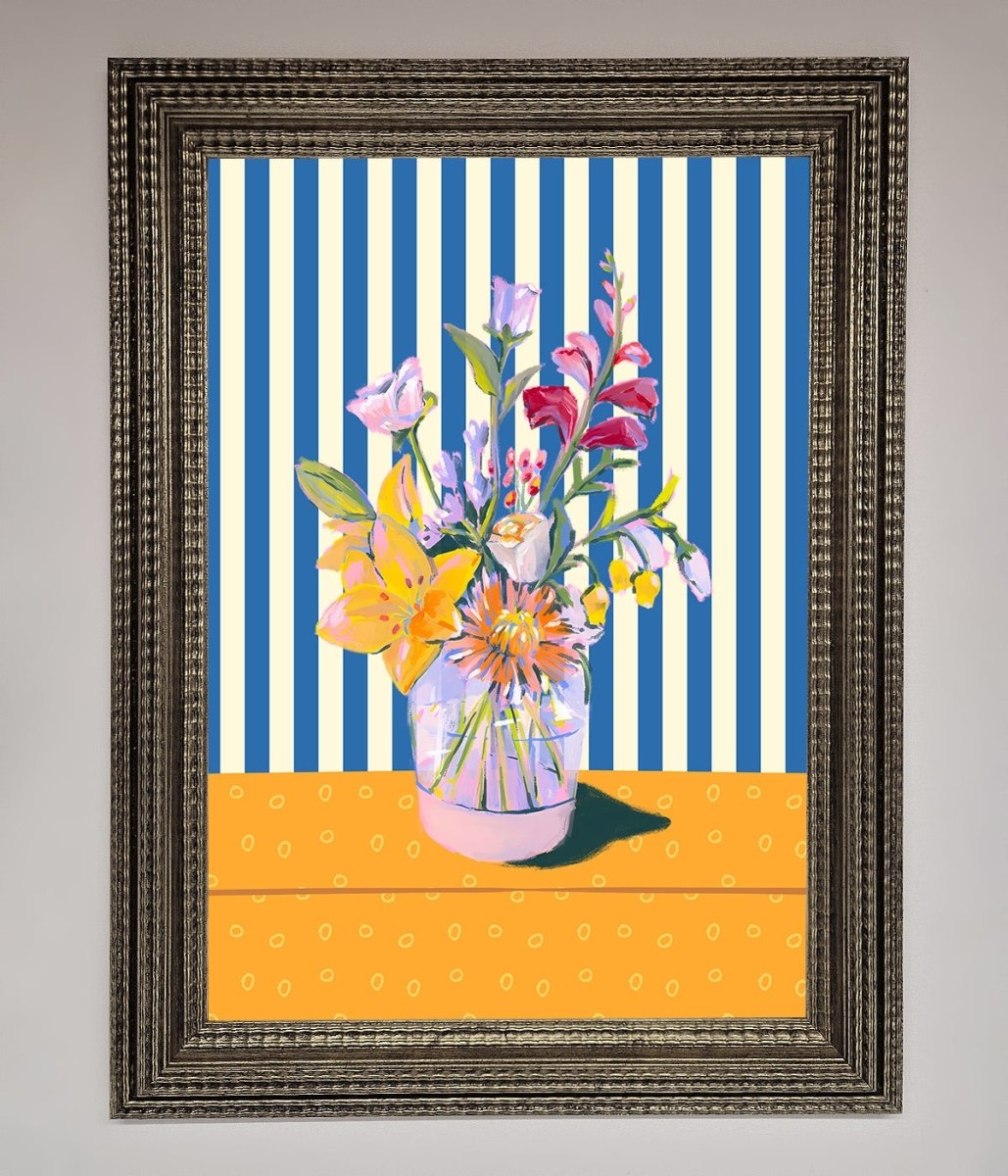 Flower Vase Blue Stripes Framed Wall Art - Zestio