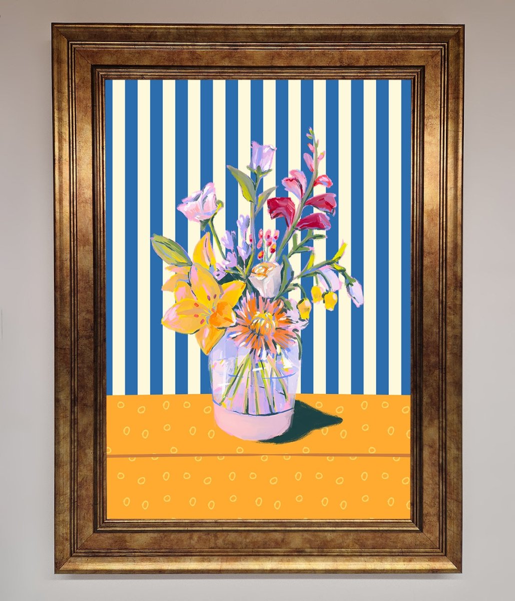 Flower Vase Blue Stripes Framed Wall Art - Zestio