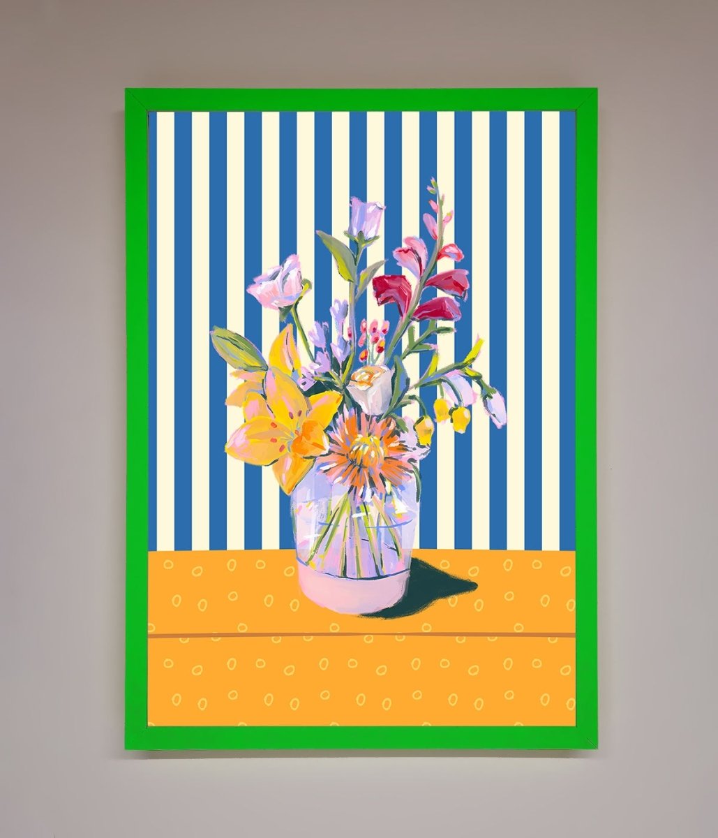 Flower Vase Blue Stripes Framed Wall Art - Zestio