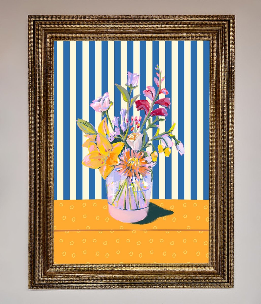 Flower Vase Blue Stripes Framed Wall Art - Zestio