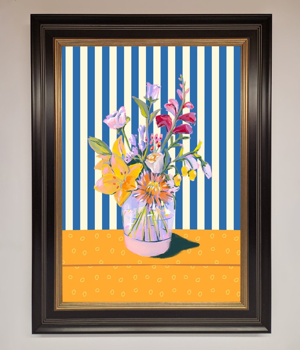 Flower Vase Blue Stripes Framed Wall Art - Zestio
