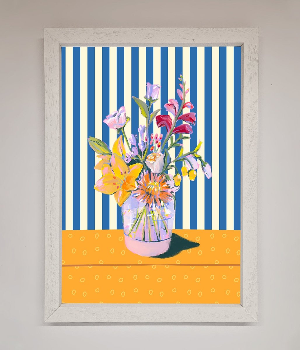 Flower Vase Blue Stripes Framed Wall Art - Zestio