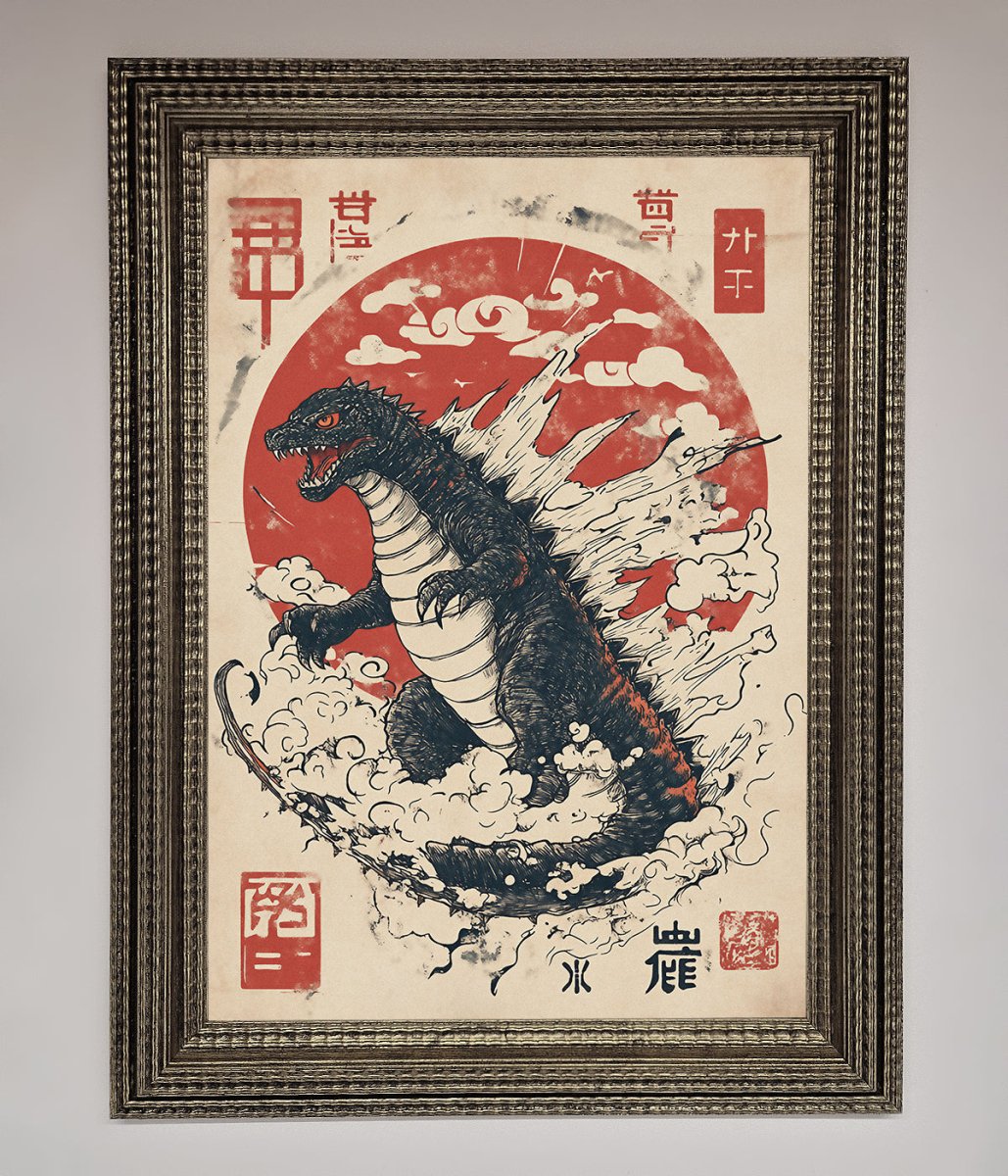 Godzilla Rises Red Sun Framed Poster - Zestio