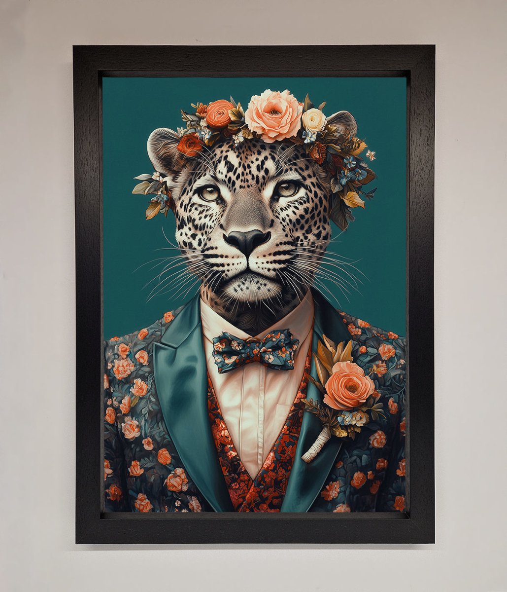Leopard In a Suit With Flowers Framed Print - Zestio