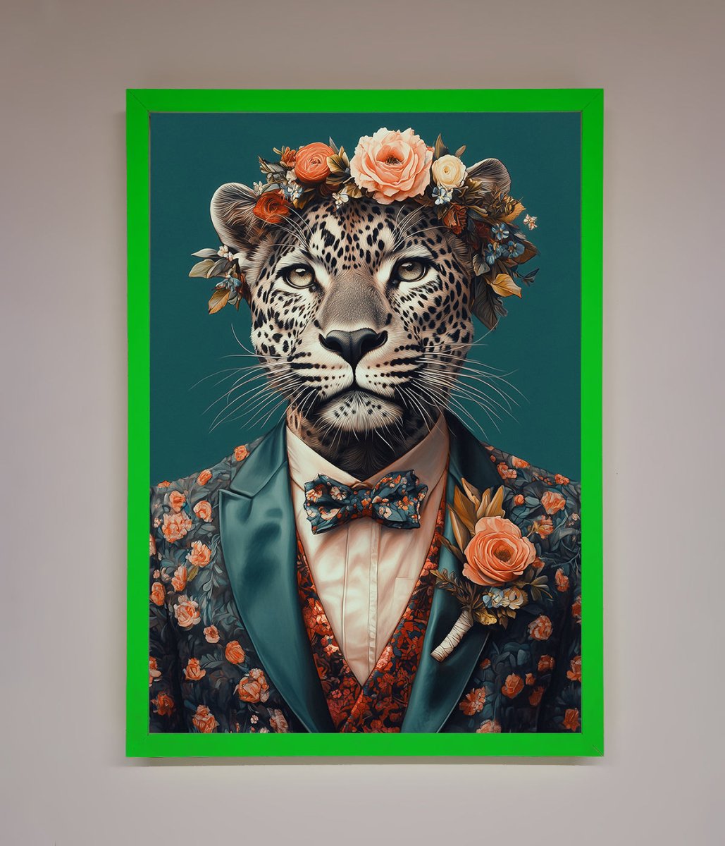Leopard In a Suit With Flowers Framed Print - Zestio