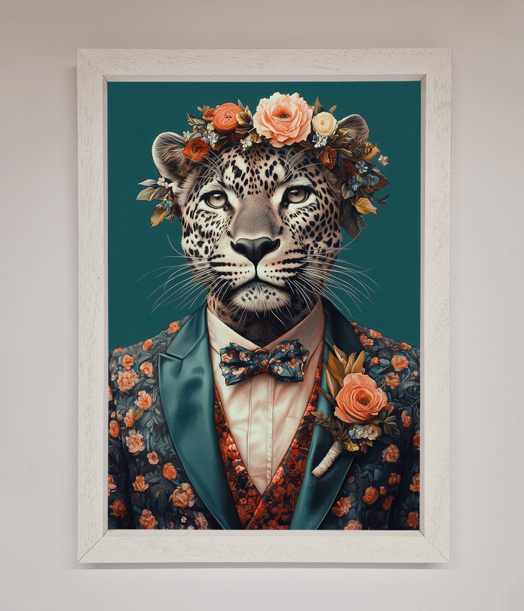 Leopard In a Suit With Flowers Framed Print - Zestio