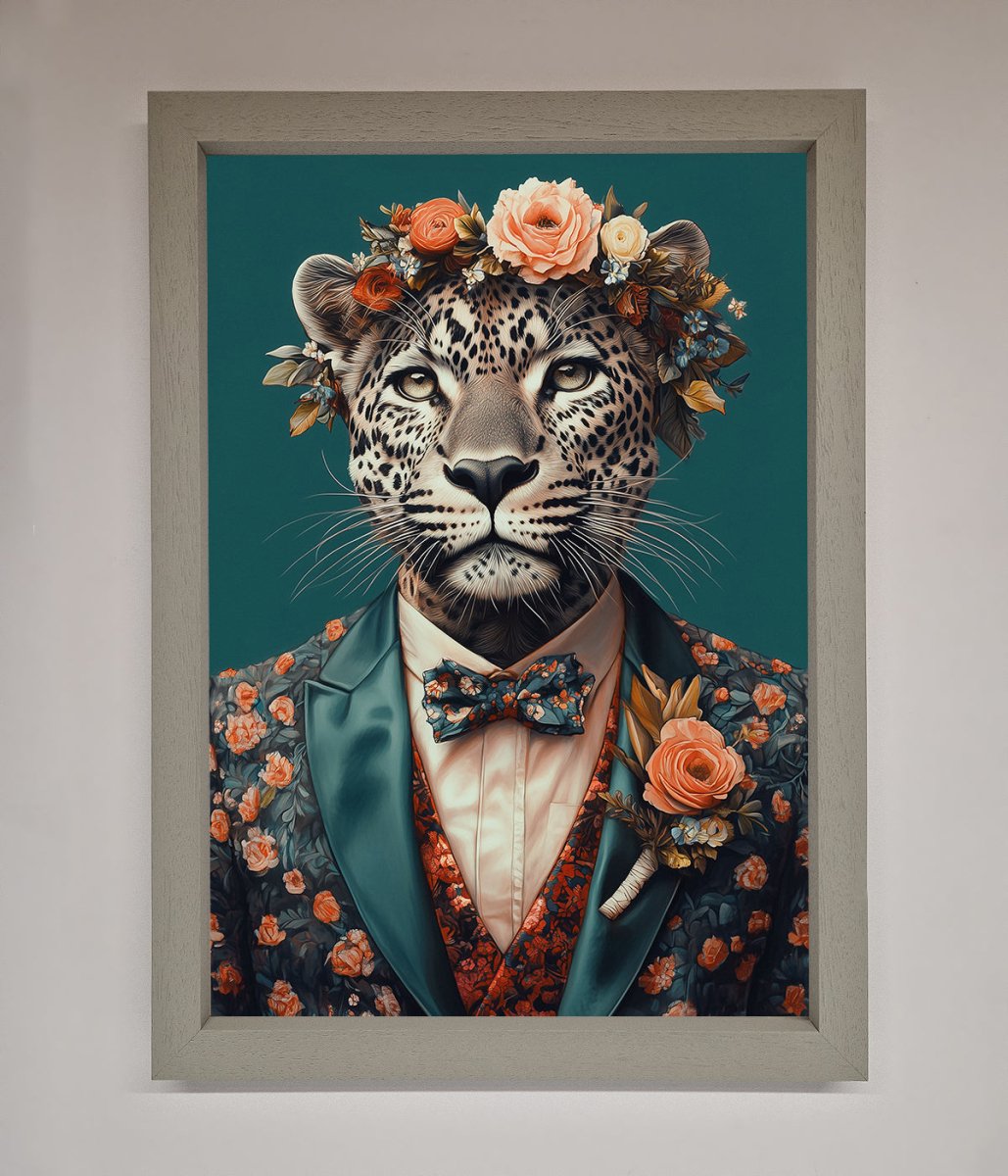 Leopard In a Suit With Flowers Framed Print - Zestio