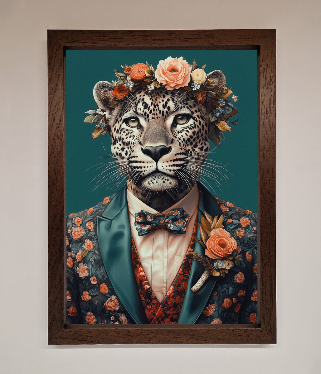 Leopard In a Suit With Flowers Framed Print - Zestio
