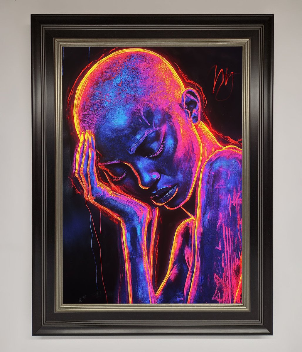 Neon Woman Hands In Head Framed Print - Zestio