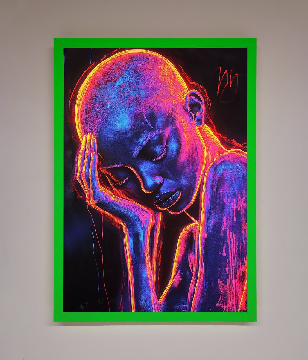 Neon Woman Hands In Head Framed Print - Zestio