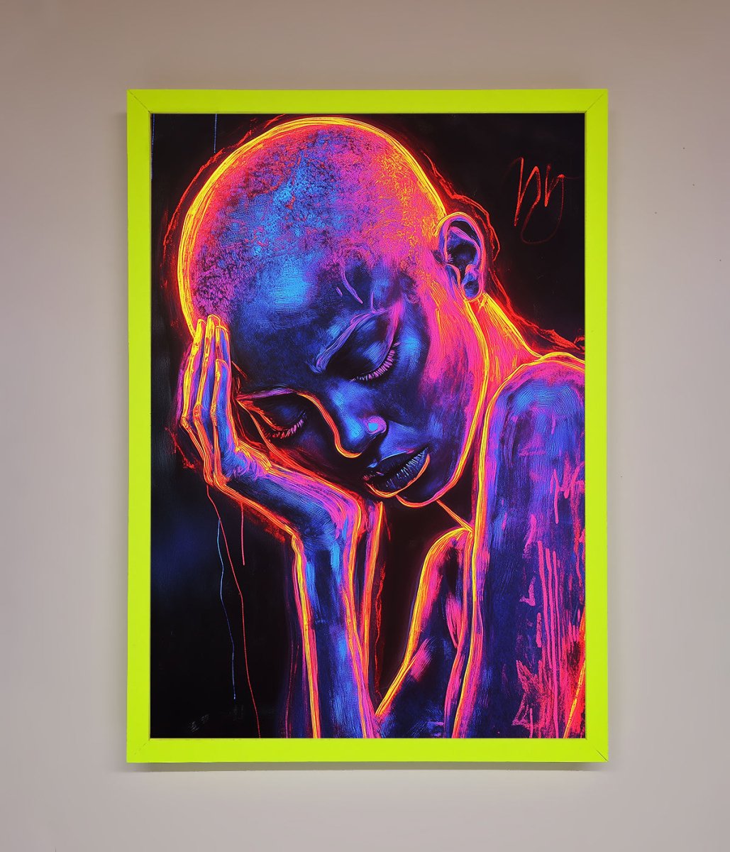 Neon Woman Hands In Head Framed Print - Zestio
