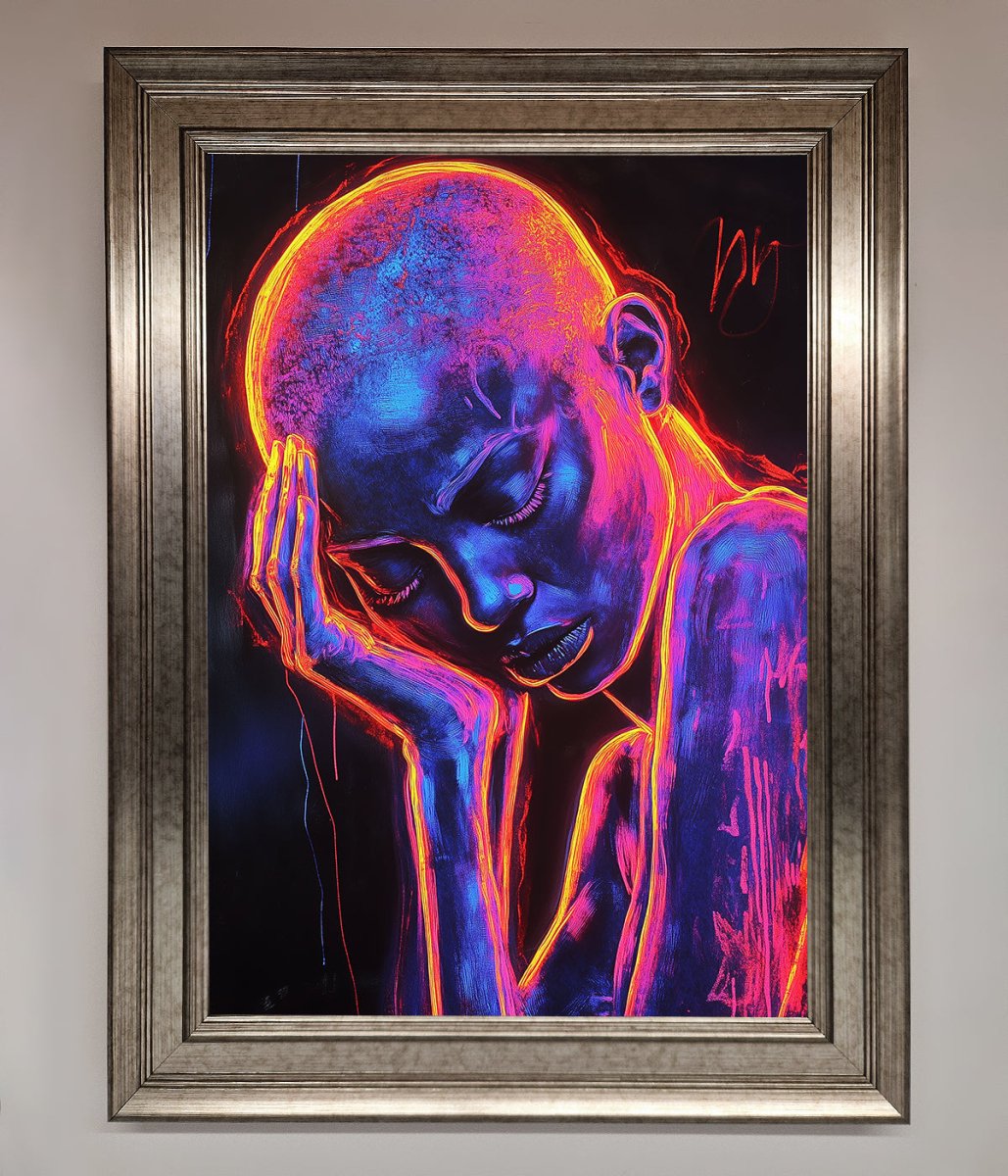 Neon Woman Hands In Head Framed Print - Zestio