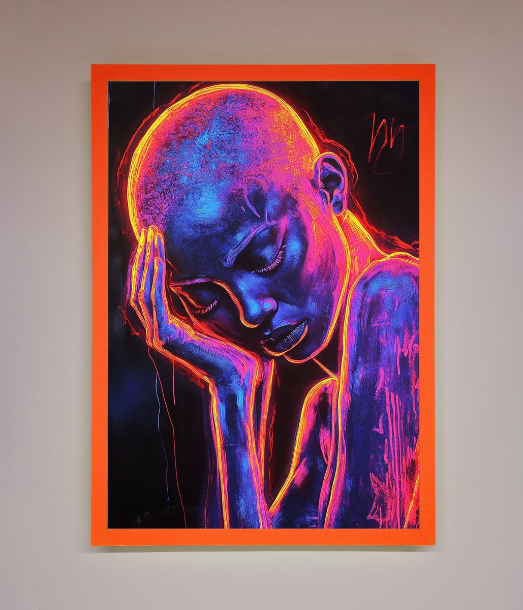 Neon Woman Hands In Head Framed Print - Zestio